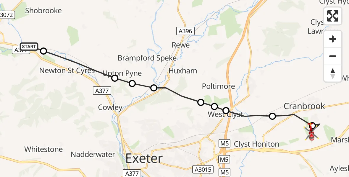 Flight path map showing Air Ambulance Helicopter route from Mid Devon to Rockbeare