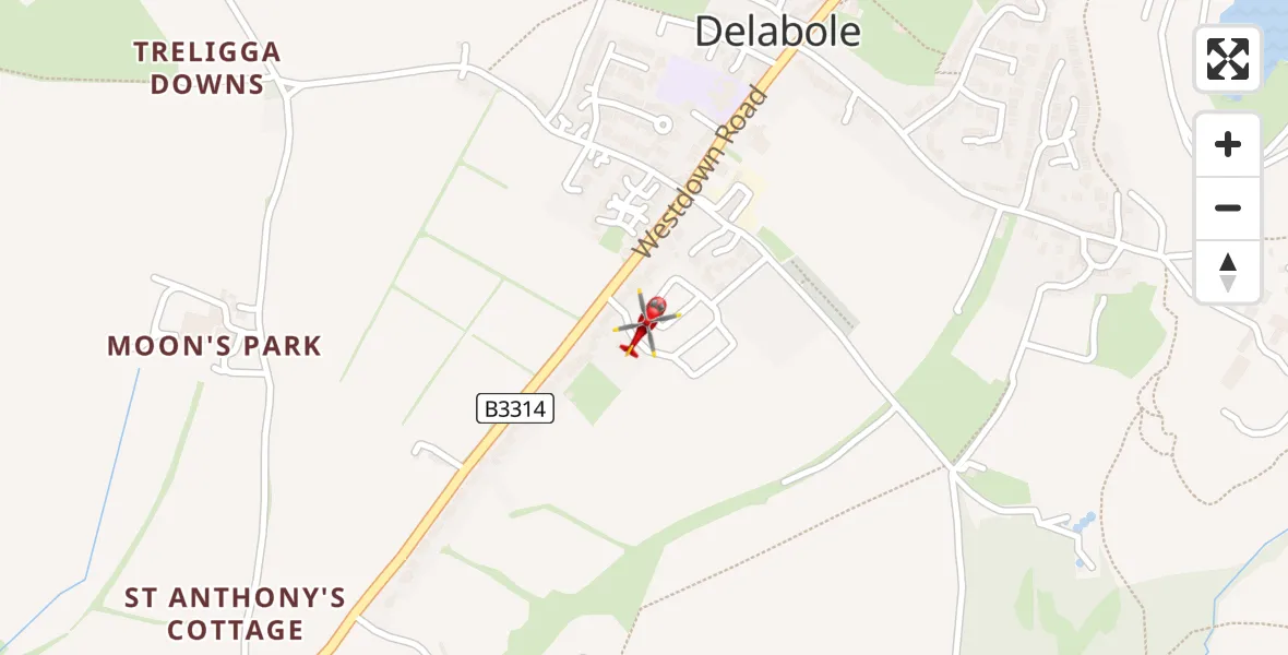 Flight path map showing Air Ambulance Helicopter route from Delabole to Delabole