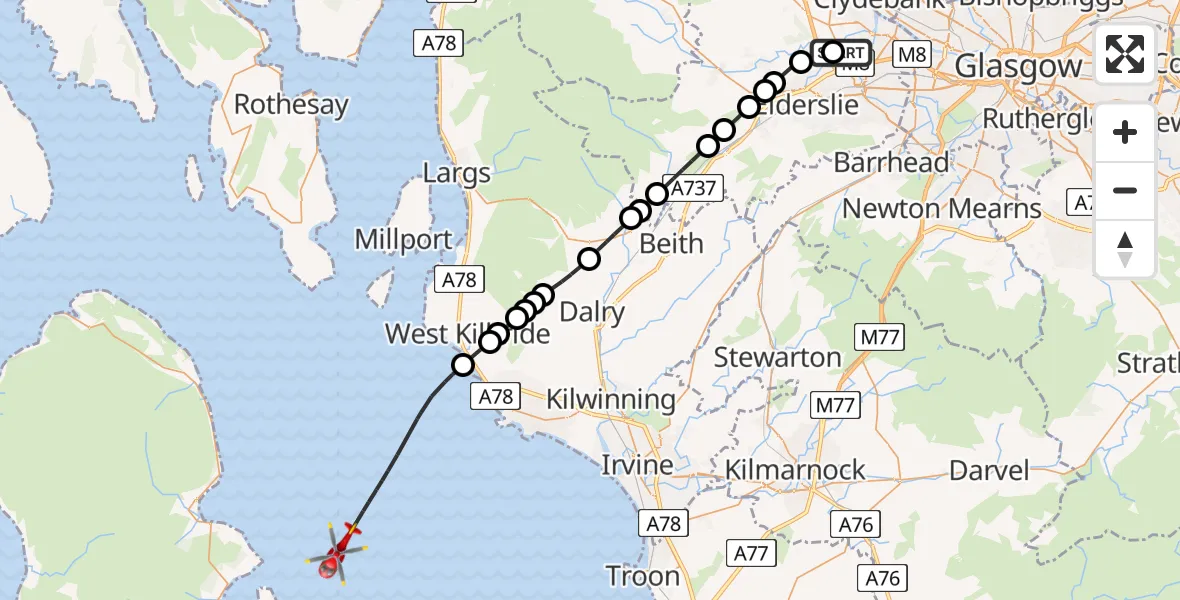Flight path map showing Air Ambulance Helicopter route from Glasgow Airport to Inner Seas