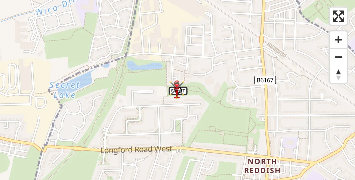 Flight path map showing Air Ambulance Helicopter route from Stockport to Stockport