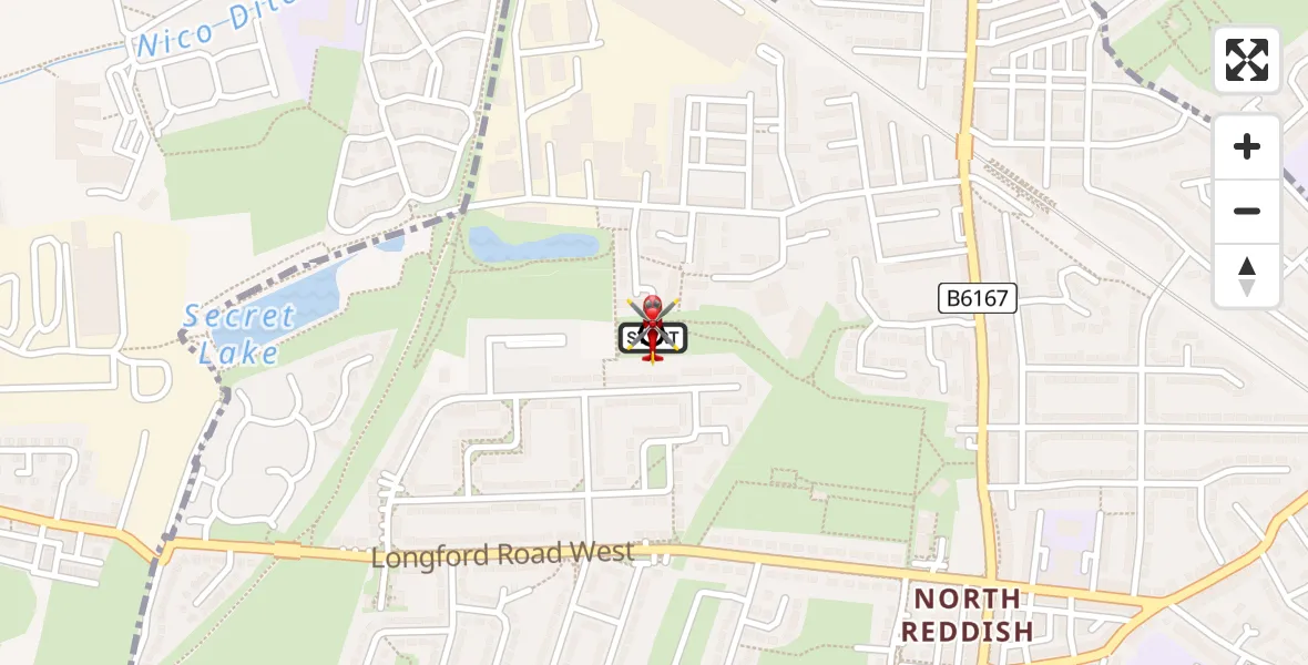 Flight path map showing Air Ambulance Helicopter route from Stockport to Stockport