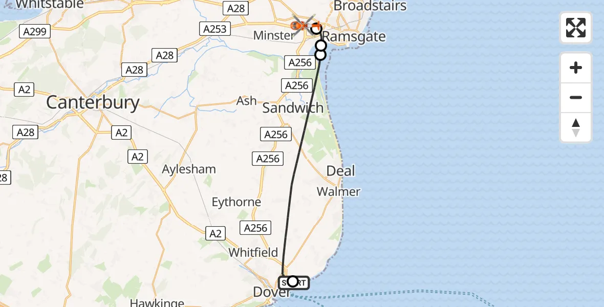 Flight path map showing Coastguard Helicopter route from Langdon Battery Heliport to Manston Airport