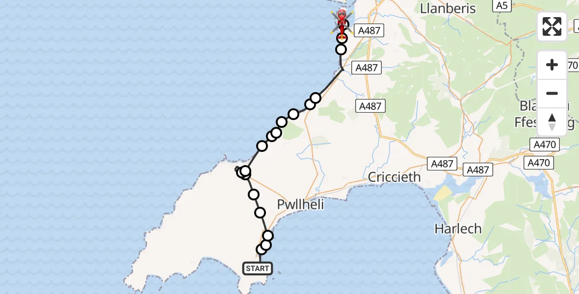 Flight path map showing Air Ambulance Helicopter route from Abersoch to Caernarfon Airport