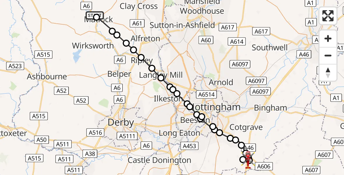 Flight path map showing Air Ambulance Helicopter route from Darley Dale to Nottingham Heliport
