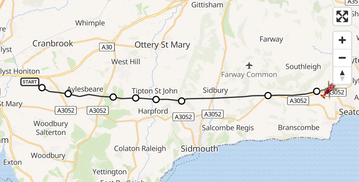 Flight path map showing Air Ambulance Helicopter route from Clyst Honiton to Colyford