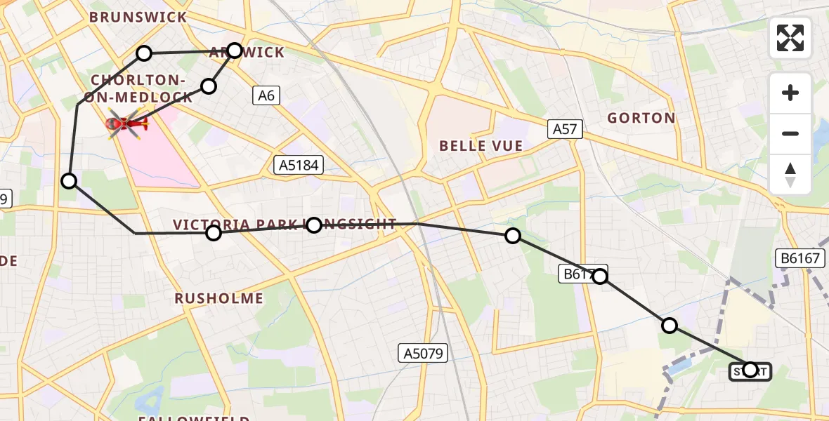 Flight path map showing Air Ambulance Helicopter route from Stockport to Chorlton-on-Medlock