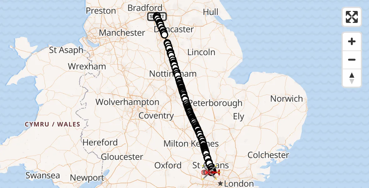 Flight path map showing Air Ambulance Helicopter route from Newton Hill to Elstree Airfield
