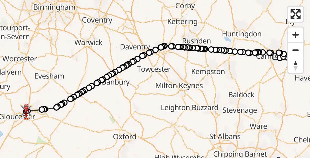 Flight path map showing Air Ambulance Helicopter route from Cambridge City Airport to Gloucestershire Airport