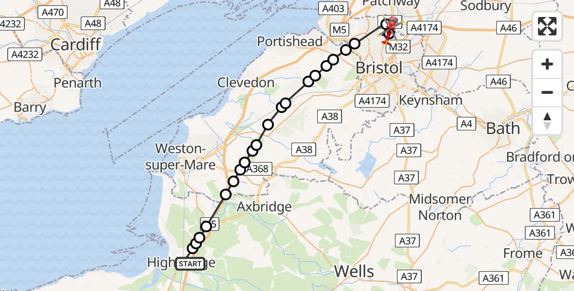 Flight path map showing Air Ambulance Helicopter route from Highbridge to Bristol