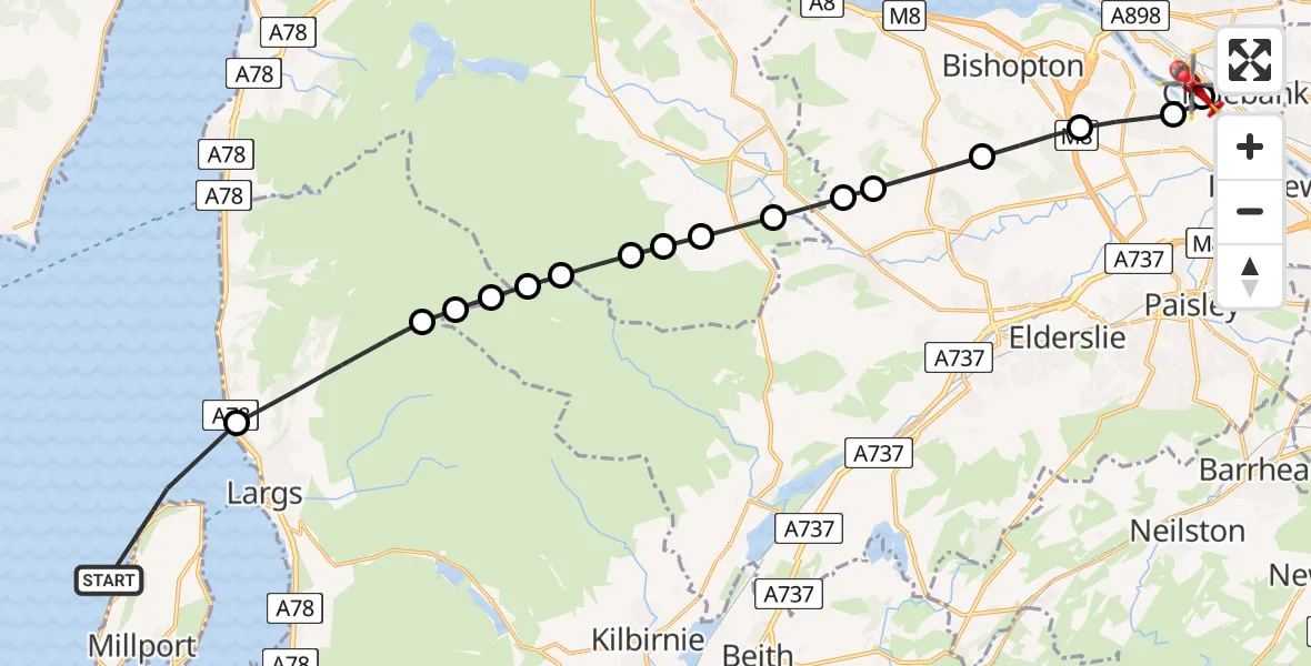 Flight path map showing Air Ambulance Helicopter route from Inner Seas to Clydebank