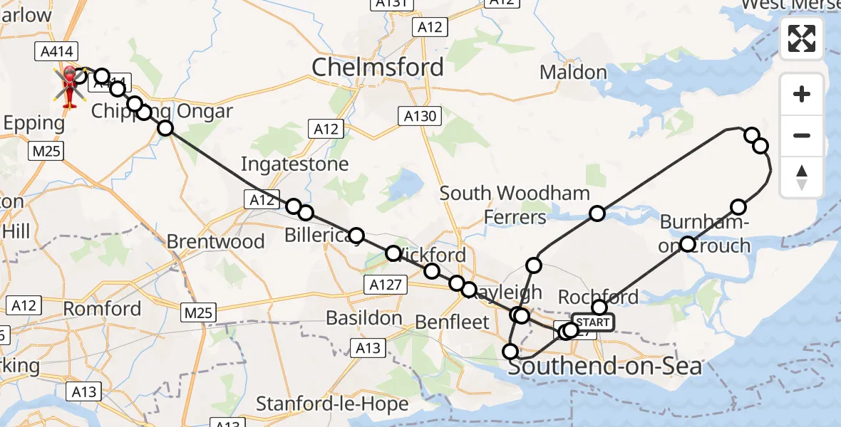 Flight path map showing Air Ambulance Helicopter route from London Southend Airport to North Weald Airfield