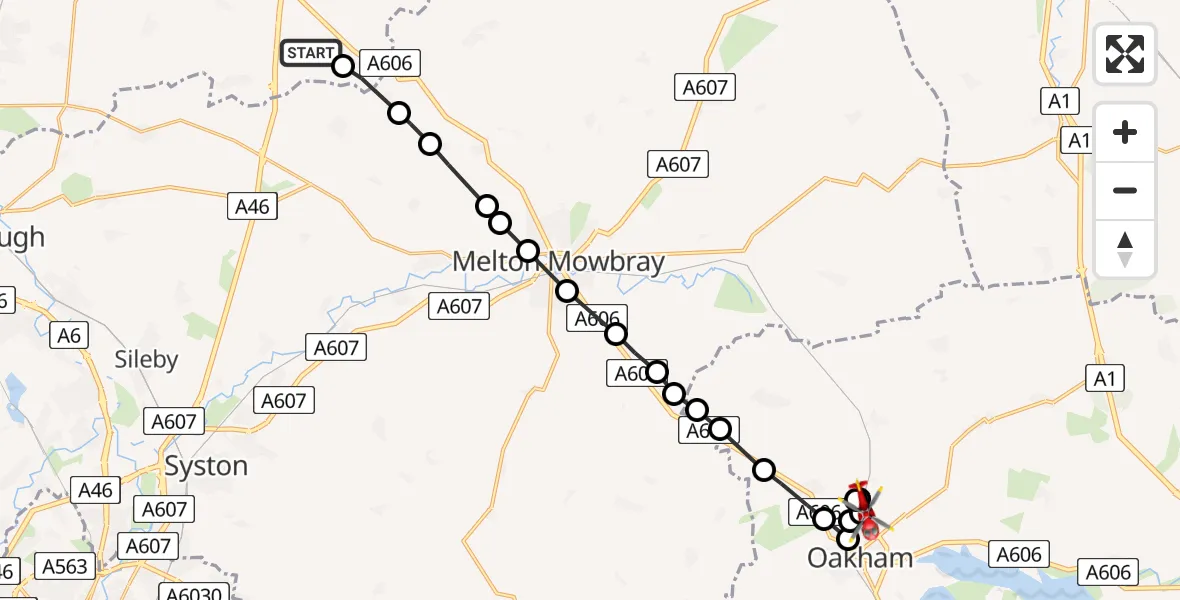 Flight path map showing Air Ambulance Helicopter route from Rushcliffe to Barleythorpe