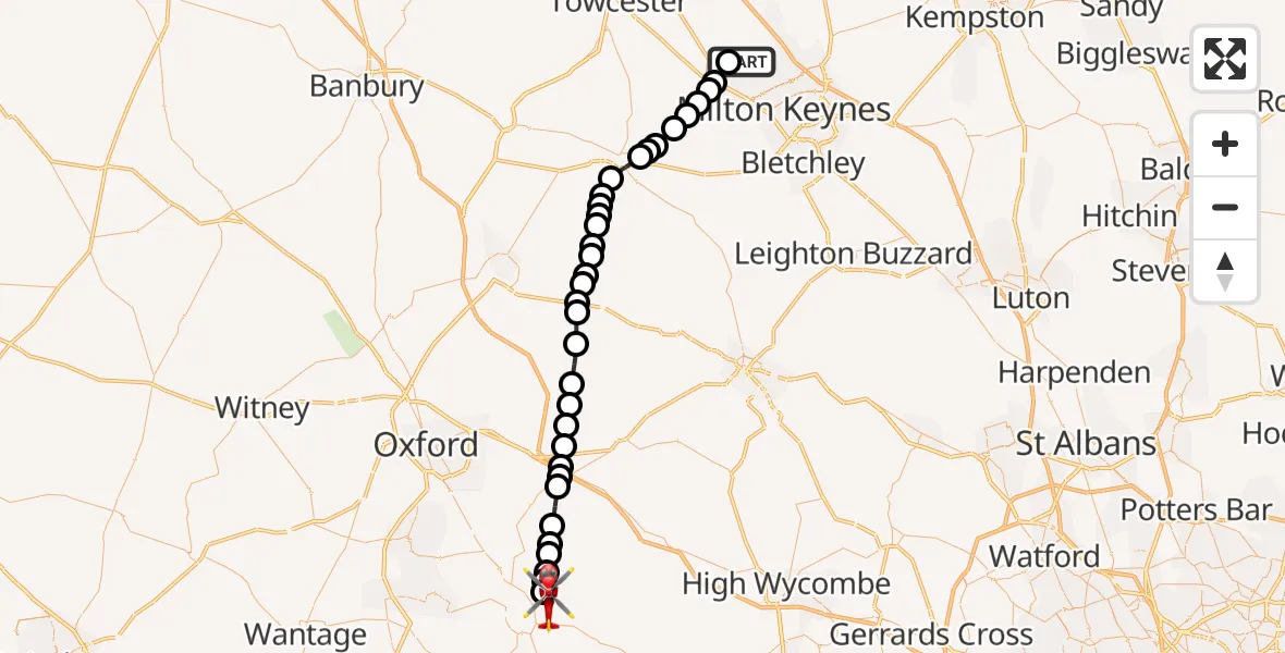 Flight path map showing Air Ambulance Helicopter route from Castlethorpe to RAF Benson