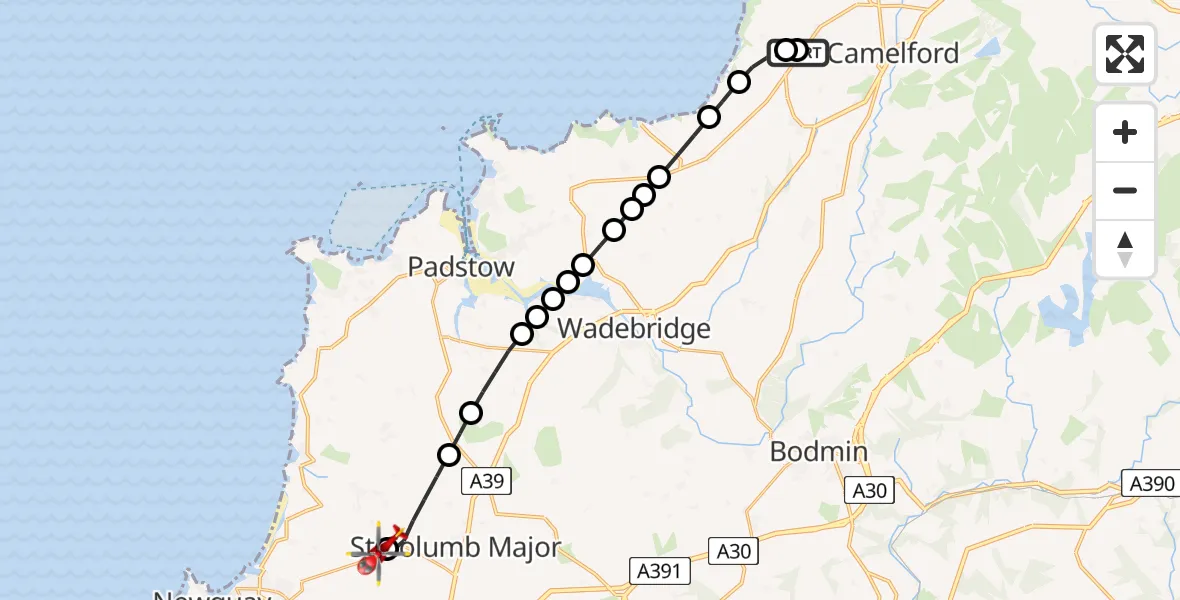 Flight path map showing Air Ambulance Helicopter route from Treligga to Cornwall Airport Newquay