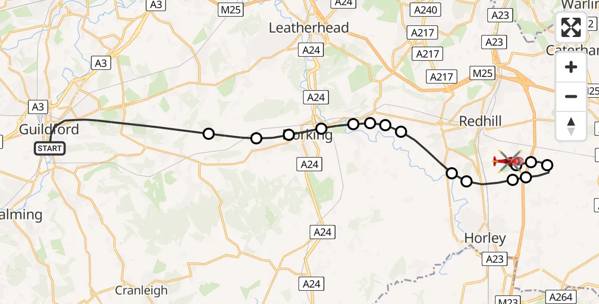 Flight path map showing Air Ambulance Helicopter route from Guildford to Redhill Aerodrome