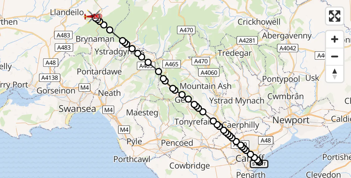 Flight path map showing Air Ambulance Helicopter route from Cardiff Heliport to Gwynfe