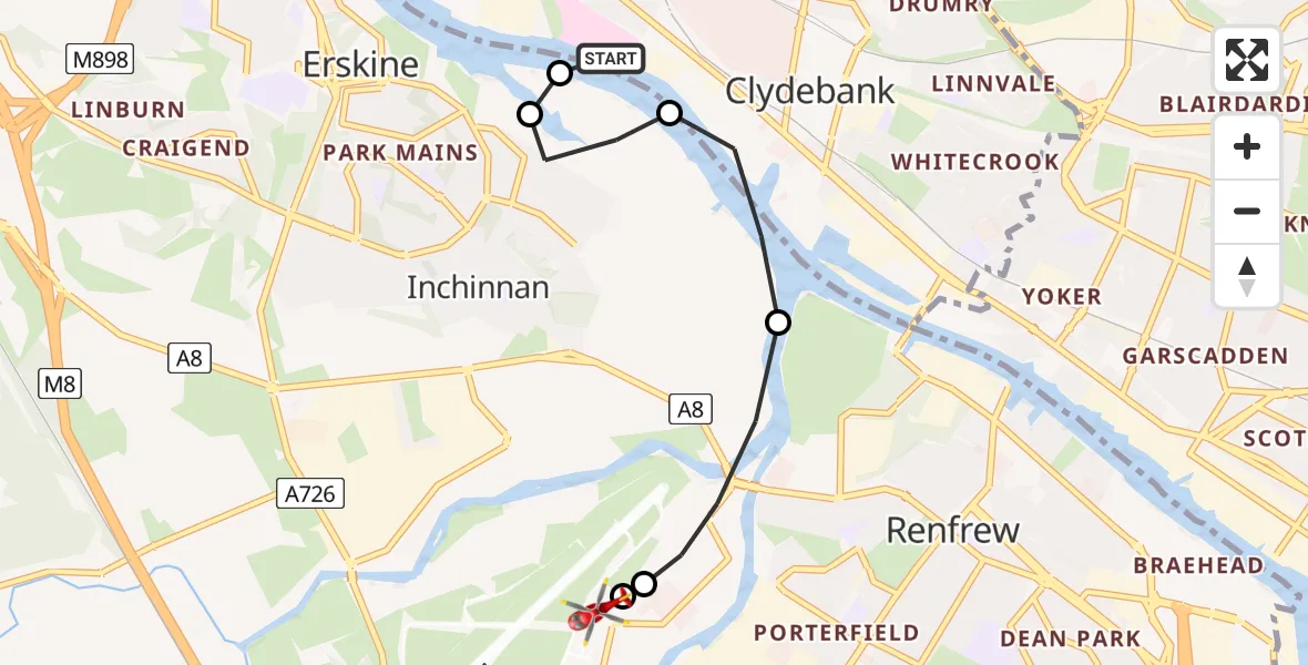 Flight path map showing Air Ambulance Helicopter route from Golden Jubilee Hospital to Glasgow Airport