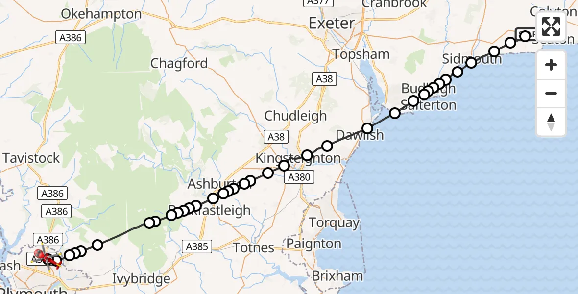 Flight path map showing Air Ambulance Helicopter route from East Devon to Estover