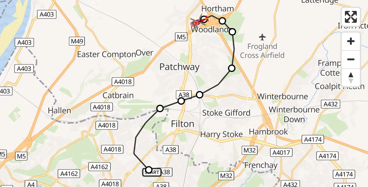Flight path map showing Air Ambulance Helicopter route from Southmead Hospital to Almondsbury Helicopter Base