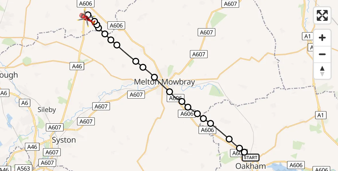 Flight path map showing Air Ambulance Helicopter route from Oakham to Nottingham Heliport
