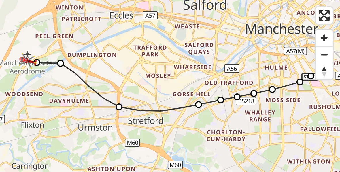 Flight path map showing Air Ambulance Helicopter route from Ardwick to Manchester Barton Aerodrome