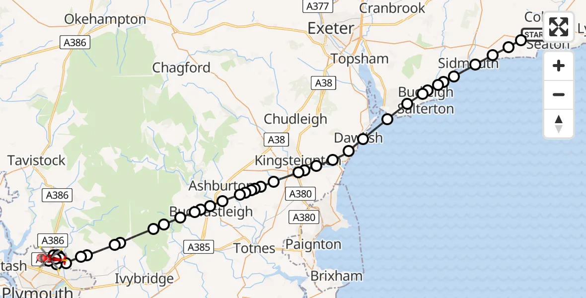 Routekaart van de vlucht: Air Ambulance Helicopter to Estover, Research Way