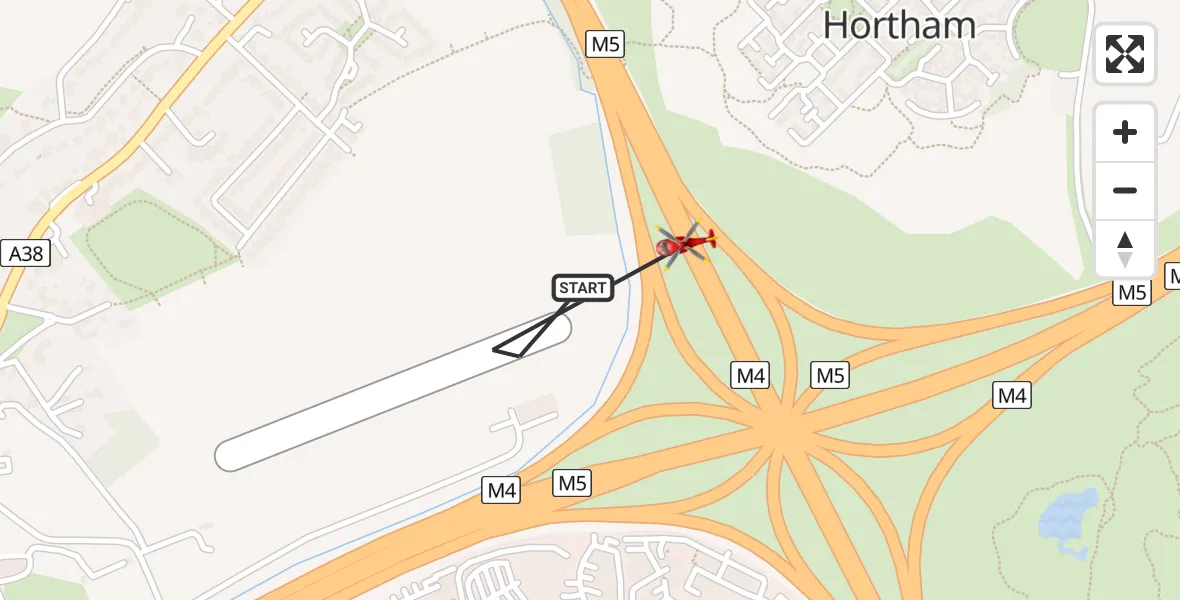 Flight path map showing Air Ambulance Helicopter route from Almondsbury Helicopter Base to Almondsbury Helicopter Base