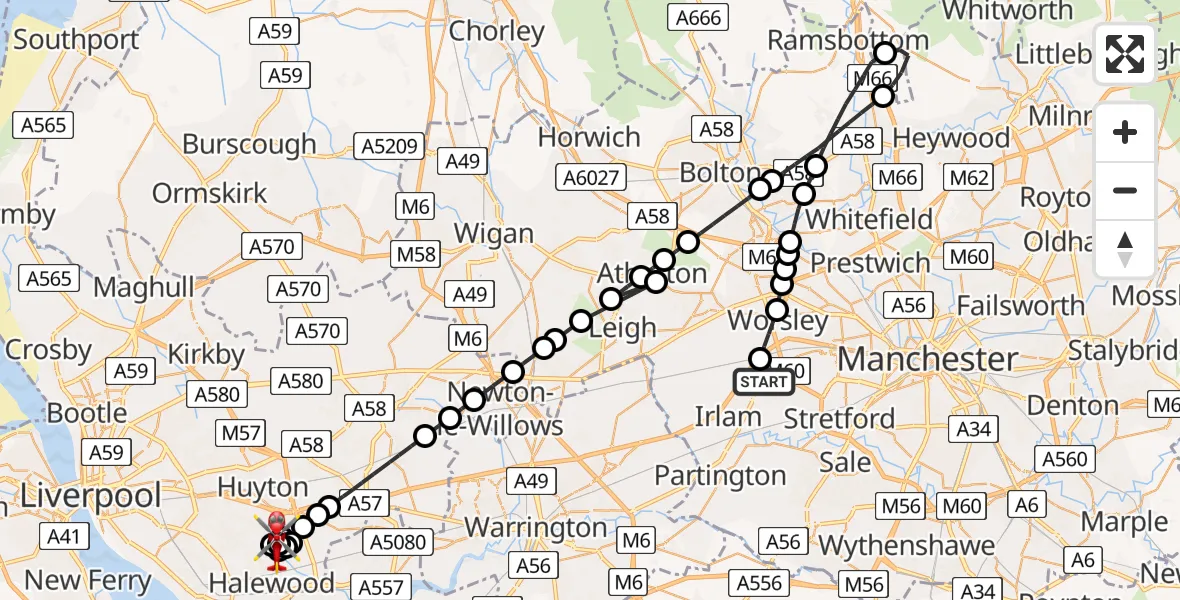 Flight path map showing Air Ambulance Helicopter route from Manchester Barton Aerodrome to Knowsley