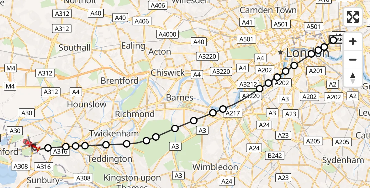 Flight path map showing Air Ambulance Helicopter route from Royal London Hospital to Feltham