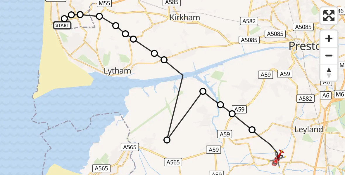 Flight path map showing Air Ambulance Helicopter route from Blackpool Airport to Chorley