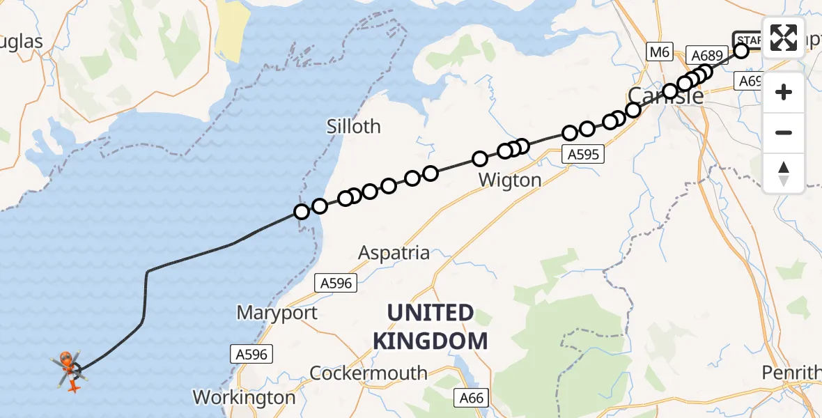 Flight path map showing Coastguard Helicopter route from Carlisle Lake District Airport to Irish Sea