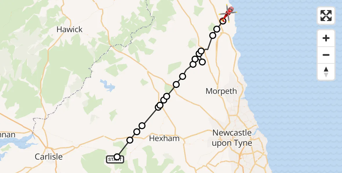Flight path map showing Air Ambulance Helicopter route from Knaresdale with Kirkhaugh to Rennington