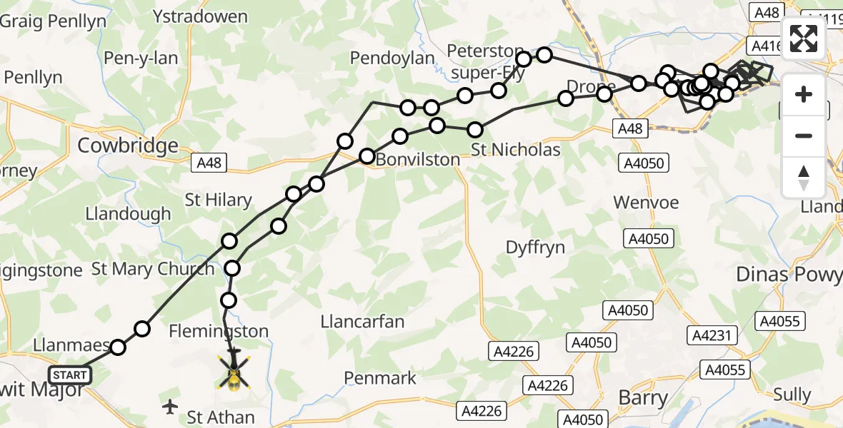 Flight path map showing Police Helicopter route from Boverton to Flemingston