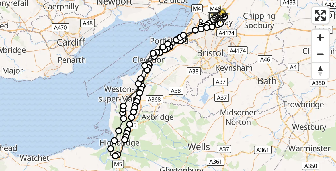 Flight path map showing Police Helicopter route from Almondsbury Helicopter Base to Almondsbury Helicopter Base