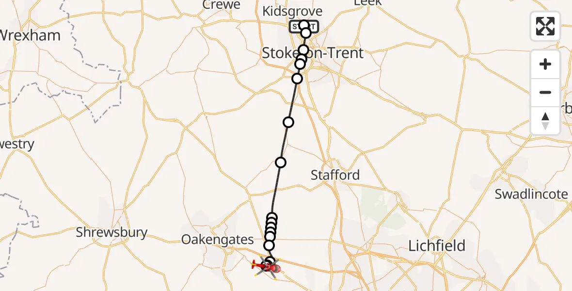 Flight path map showing Air Ambulance Helicopter route from Tunstall to Cosford