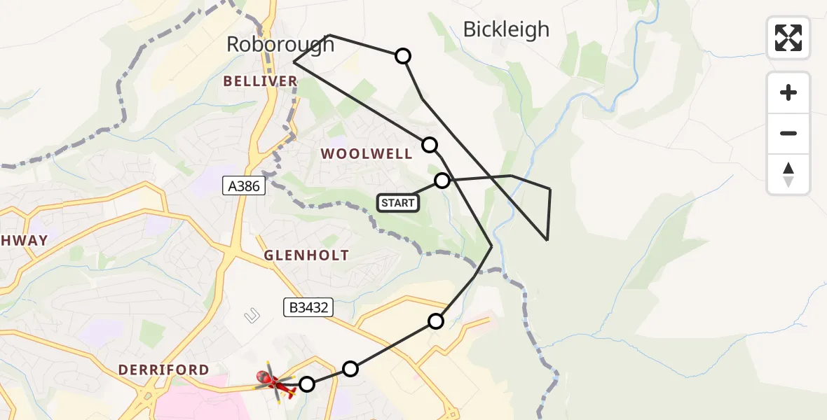 Flight path map showing Air Ambulance Helicopter route from Roborough to Estover