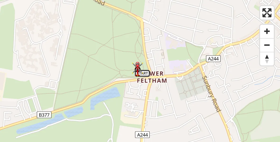 Flight path map showing Air Ambulance Helicopter route from Feltham to Feltham