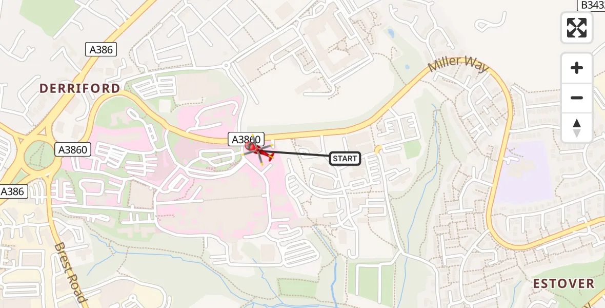 Flight route Air Ambulance Helicopter Derriford Hospital - Derriford Hospital, 18 April 2026, 12:15
