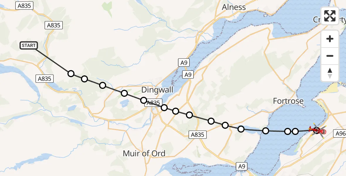 Flight path map showing Air Ambulance Helicopter route from Little Garve to Dalcross Heliport