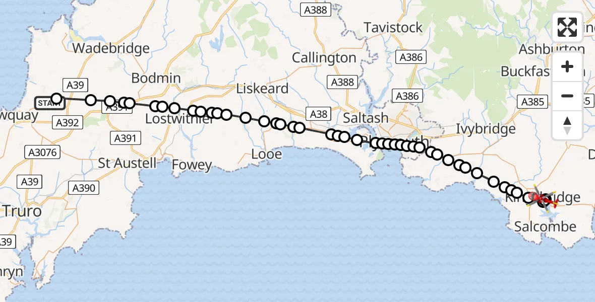 Flight path map showing Air Ambulance Helicopter route from Cornwall Airport Newquay to Kingsbridge