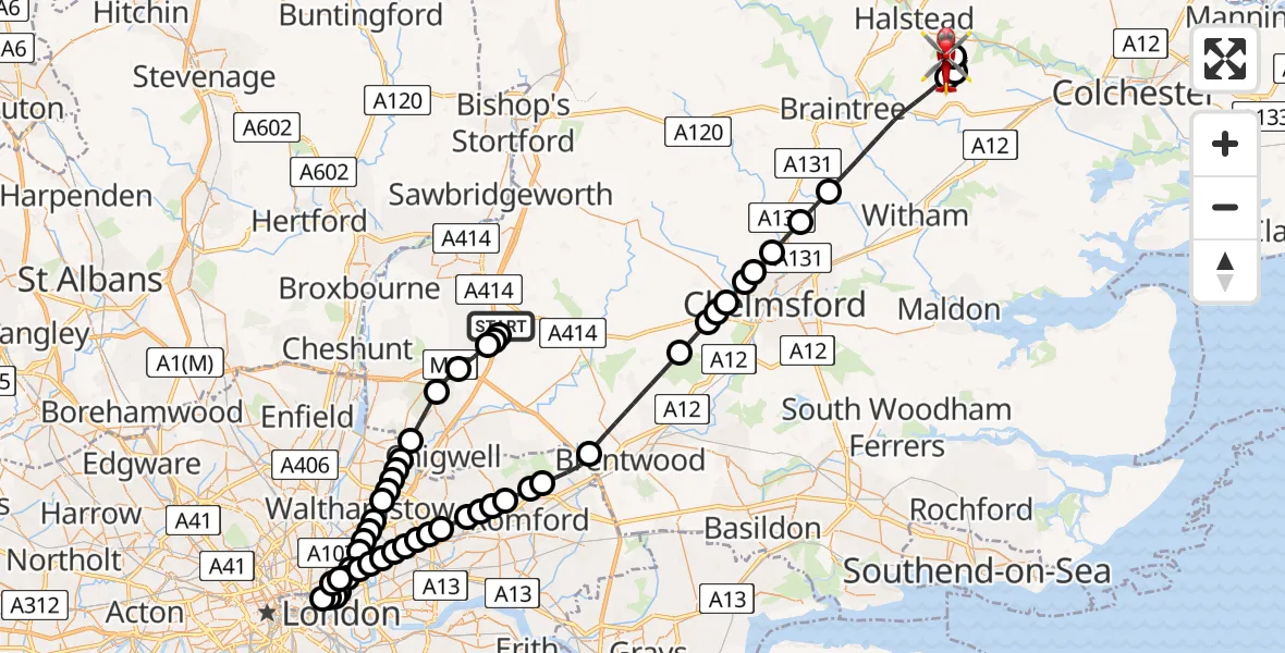 Flight path map showing Air Ambulance Helicopter route from North Weald Airfield to Earls Colne Airfield