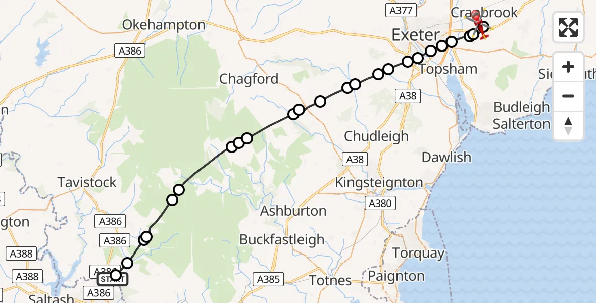 Flight path map showing Air Ambulance Helicopter route from Roborough to Exeter International Airport