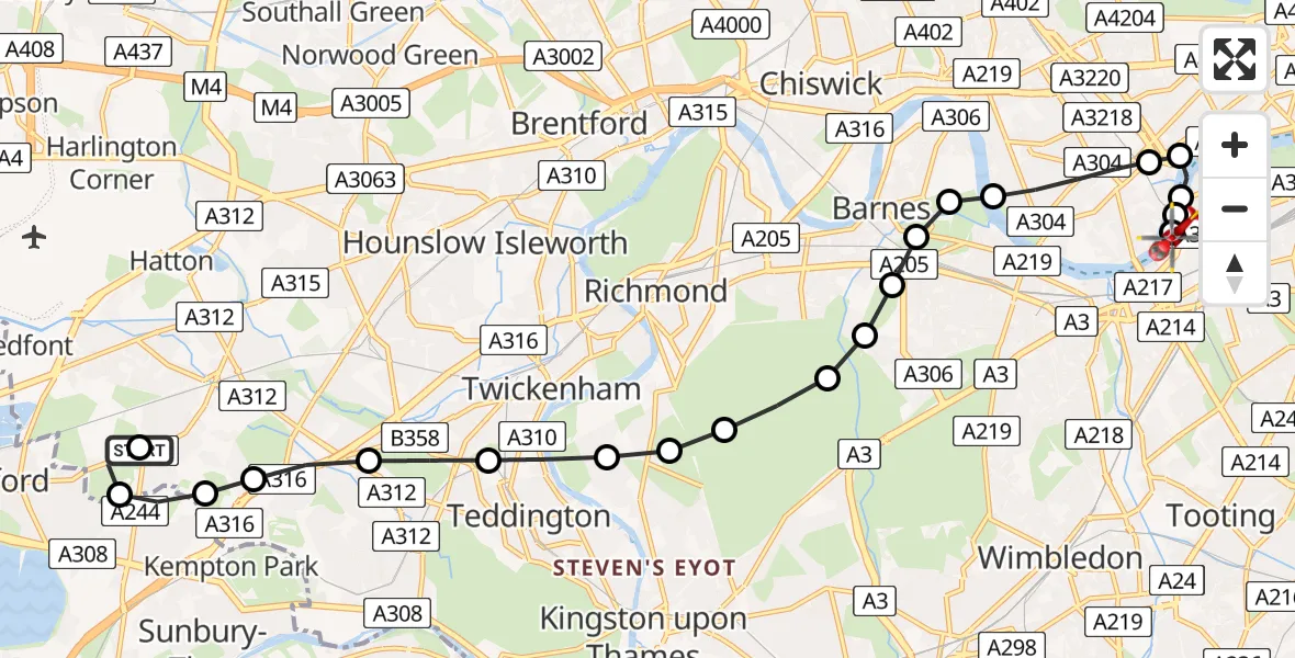 Flight path map showing Air Ambulance Helicopter route from Feltham to London Heliport