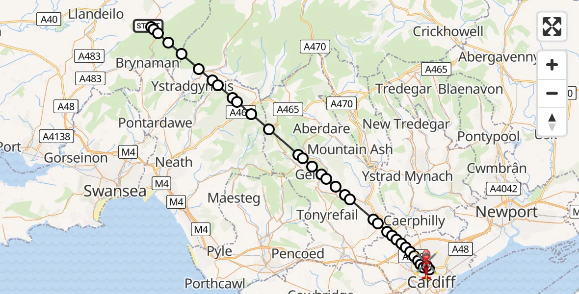 Flight path map showing Air Ambulance Helicopter route from Gwynfe to Birchgrove