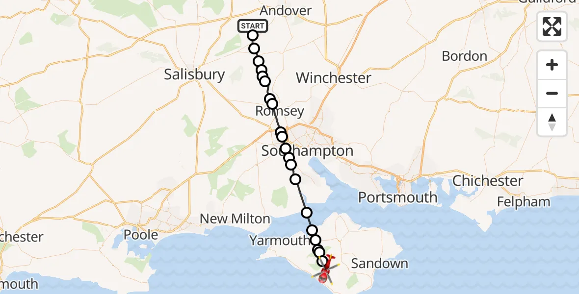 Flight path map showing Air Ambulance Helicopter route from Grateley to Shorwell