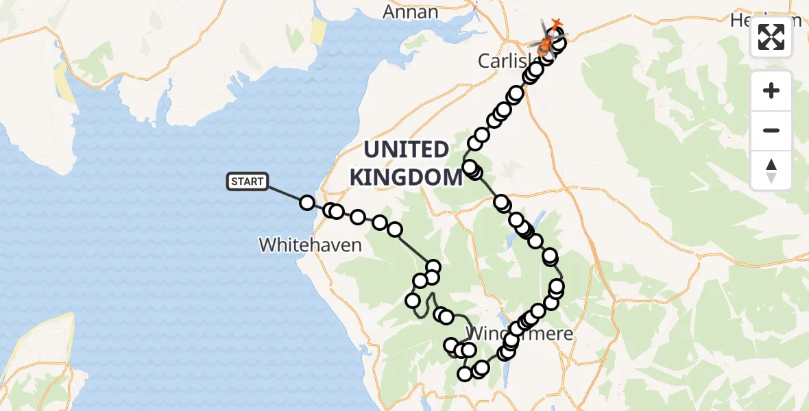 Flight path map showing Coastguard Helicopter route from Irish Sea to Carlisle Lake District Airport