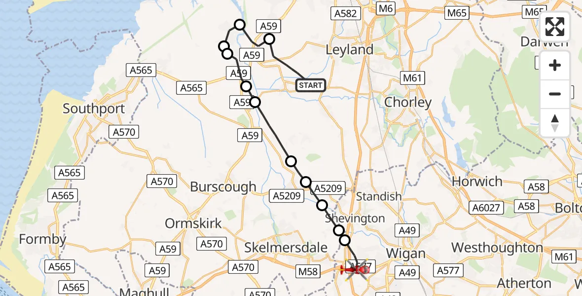 Flight path map showing Air Ambulance Helicopter route from Chorley to Wigan