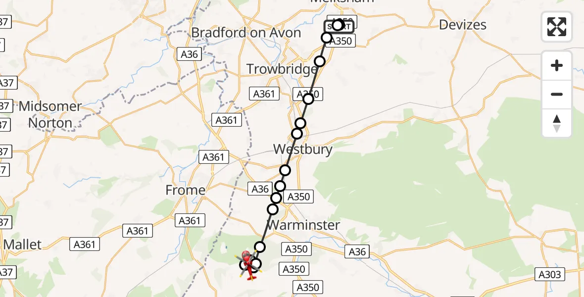 Flight path map showing Air Ambulance Helicopter route from Wiltshire Air Ambulance to Longbridge Deverill