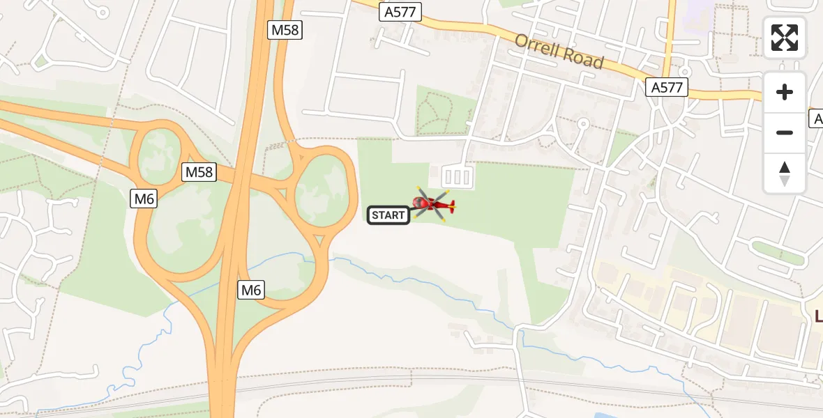 Flight path map showing Air Ambulance Helicopter route from Wigan to Wigan