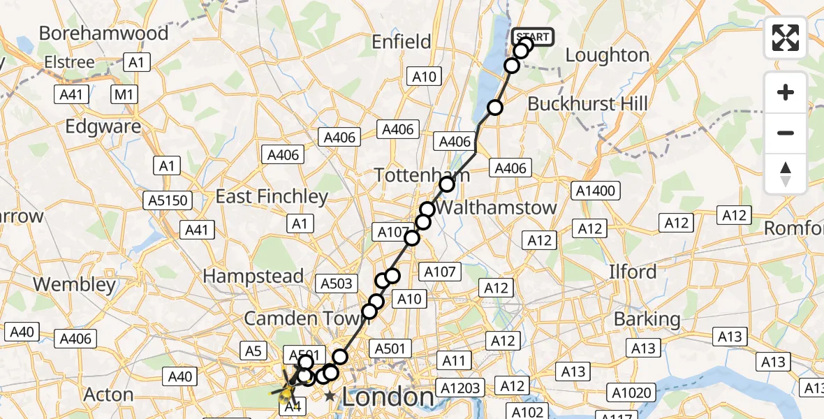 Flight path map showing Police Helicopter route from Sewardstonebury to City of Westminster